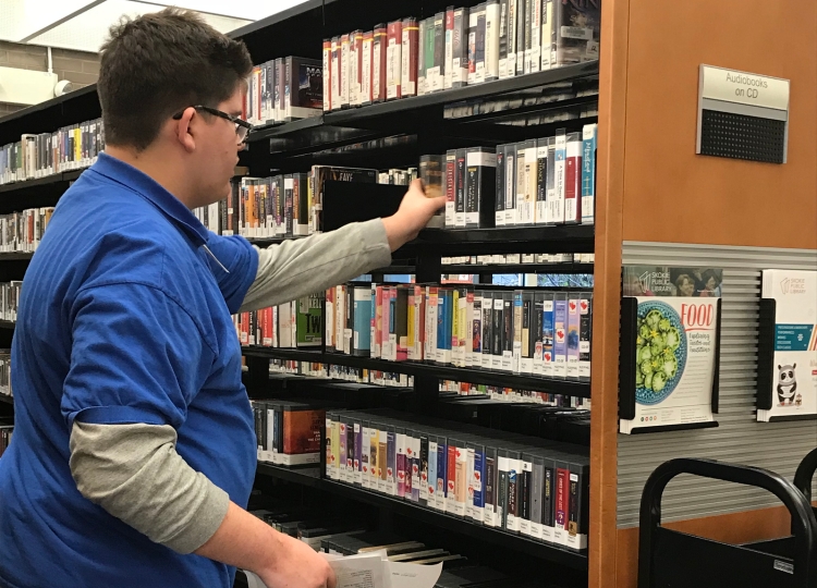 Transition student Nathan sorting library books