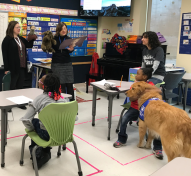 Students in Ms. Larissa's Elementary Classroom during a Second Step Lesson, with a special visit from Sparky and Sue