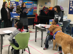 Students in Ms. Larissa's Elementary Classroom during a Second Step Lesson, with a special visit from Sparky and Sue